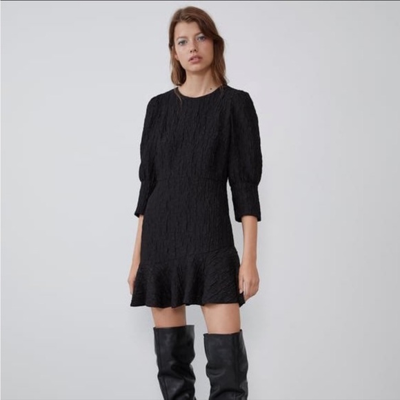 Zara Dresses & Skirts - Zara Black Textured Weave Dress Round Neck Elbow Sleeve